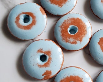 Ceramic Glass Disk Beads | Blue and Brown | Terracotta | From Mykonos Greece | 30mm | 3pcs