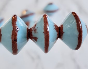 Blue Bicone Bead | Ceramic Glass | Blue and Brown | Terracotta | From Mykonos Greece | 4pcs