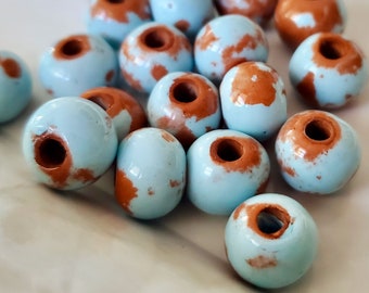 Mykonos 12 mm Ceramic Large Hole Round Beads | Blue and Brown | Terracotta | From Mykonos Greece | Cow Pattern | Loose Beads for Stringing