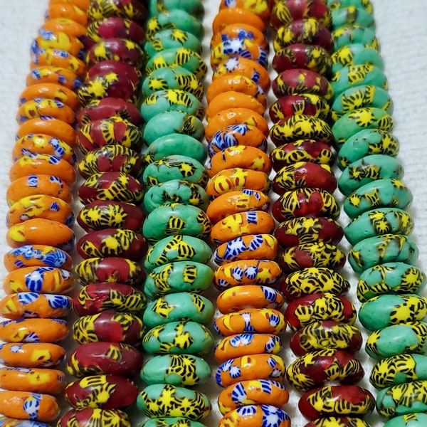 African Krobo Glass Spacer Beads, Powdered Glass Beads, recycled glass chunky beads, hand painted African beads, Orange Red Green, 12mm 14mm