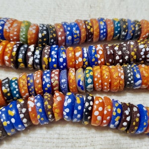 Krobo Handmade Rondelle Flat Disk Glass Beads from Ghana Africa | Assorted Color, Orange, Brown  | ~13mm | Eco-Friendly