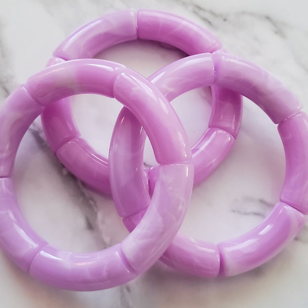 Acrylic Lucite Curved Tube Bamboo Bracelet | Resin Lucite Thick Tube Beads | Light Purple and White Swirl | 6 pcs