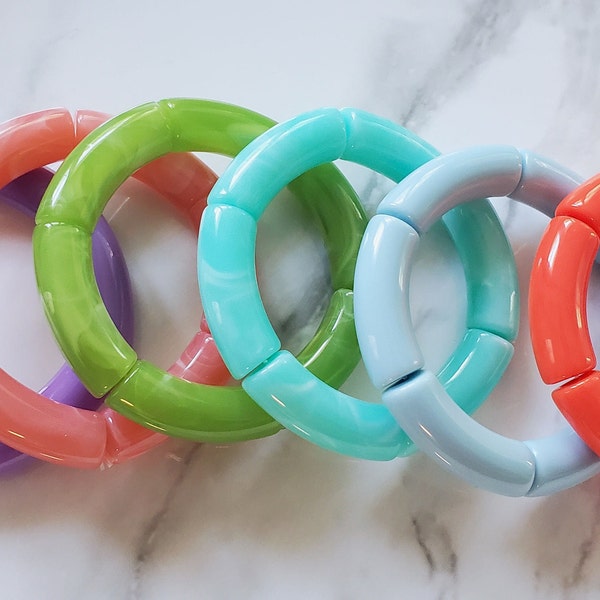 Summer Acrylic Stackable Bracelets | Pool Swim Vacation Jewelry | Tube Bracelets Lucite Curved Bead | Blue White Green Pink | Fun Assorted