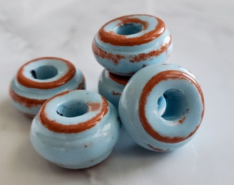 Mykonos Ceramic Ridged Donut Beads | Blue and Brown Rondelle Beads | Terracotta | From Mykonos Greece | 16x10mm| 2pcs
