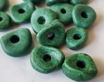 Green Nugget Thick Cornflake Beads | Matte Dark Green | Mykonos Greek Beads | 25mm | Large Hole Beads | 5 beads per order
