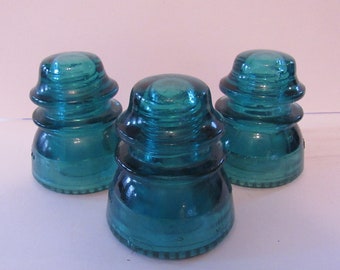 Set of 3 Blue Green Hemingray Glass Electric Insulation Caps