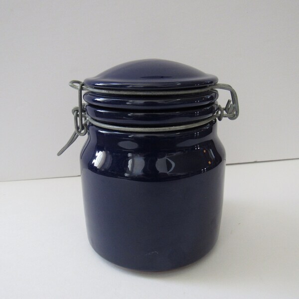 Vintage Ceramic Cobalt Blue Canister with Metal Latch Closure