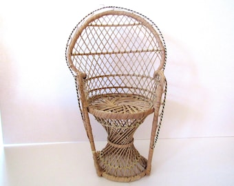 Vintage Small Wicker Peacock Doll Chair Plant Stand