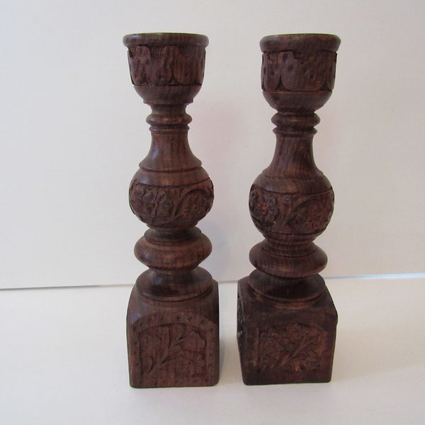 Vintage Carved Wood Taper Candle Holder Set
