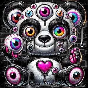 May include: A black and white panda bear with dripping black goo and multiple colorful eyes. The panda is holding a large eyeball in its left hand and has a pink heart on its chest. The background is a dark gray brick wall.