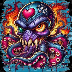 Può includere: Un polpo viola e blu con un cuore rosso e una bussola sulla testa. Il polpo ha denti affilati ed è circondato da fiamme.