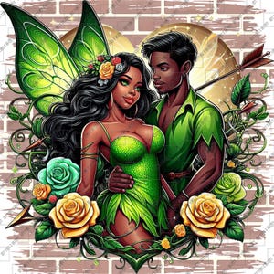 Puede incluir: Una ilustración digital de un hada y un hombre de pie uno cerca del otro. El hada tiene alas verdes, cabello negro largo y un vestido verde. El hombre tiene piel morena, cabello negro corto y lleva una camisa verde y pantalones marrones. Están rodeados de hojas verdes y rosas amarillas.