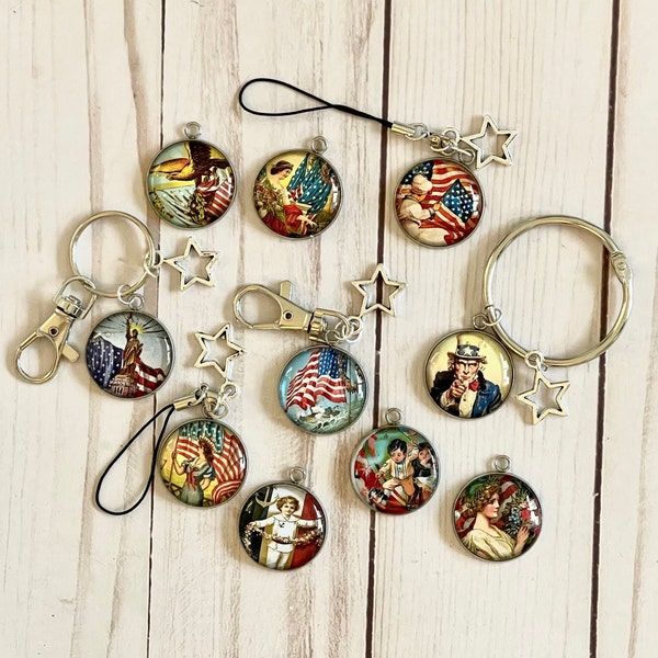 Scissor Fob, Thread Ring, Keychain, Zipper Pull | Vintage Patriotic Image & Start Charm, Cabochon/Bezel | Needlepoint, Cross Stitching, gift