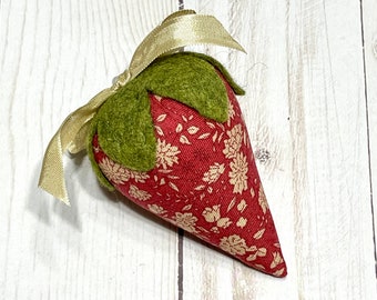 Small Strawberry Emery Pincushion  | Parchment Floral on Muted Red cotton fabric | |Pin Keep | Needle Sharpener | Pincushion