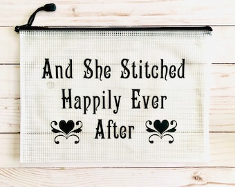 Cross Stitch Project Bag | 2 Sizes Available |Vinyl Project Bag for Cross Stitch, Quilting, Sewing | And She Stitched Happily Ever After
