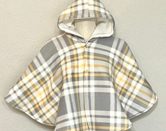 Double fleece Cape, Child's Hooded Poncho, Kid’s Poncho, Cape |Wheelchair / Car Seat cape/poncho, Adaptive Clothing, Gray/Yellow/White Plaid