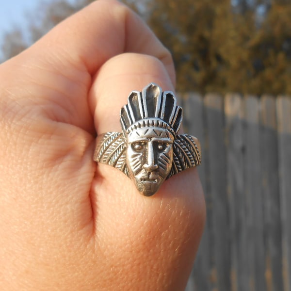 Indian head 925 sterling silver ring chief size 13, 22 mm diameter