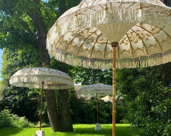 Hand painted Balinese cream and gold garden parasol