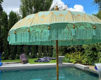 Hand painted mint green Balinese fringed luxe garden parasol