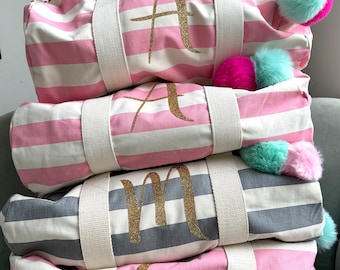 Personalised pompom stripe pink weekend bag