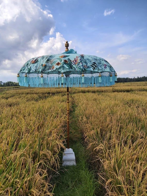 Paradise printed handmade Balinese fringed luxe garden parasol mint green