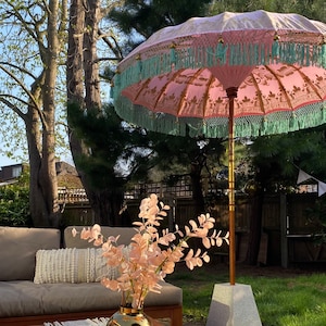 Hand painted pink and mint green Balinese garden parasol