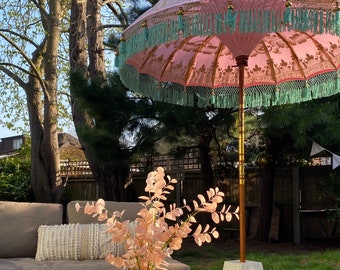 Hand painted pink and mint green Balinese garden parasol