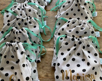 Personalised polka dot drawstring canvas party bag