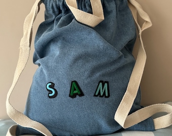 Personalised denim backpack rucksack sleepover bag