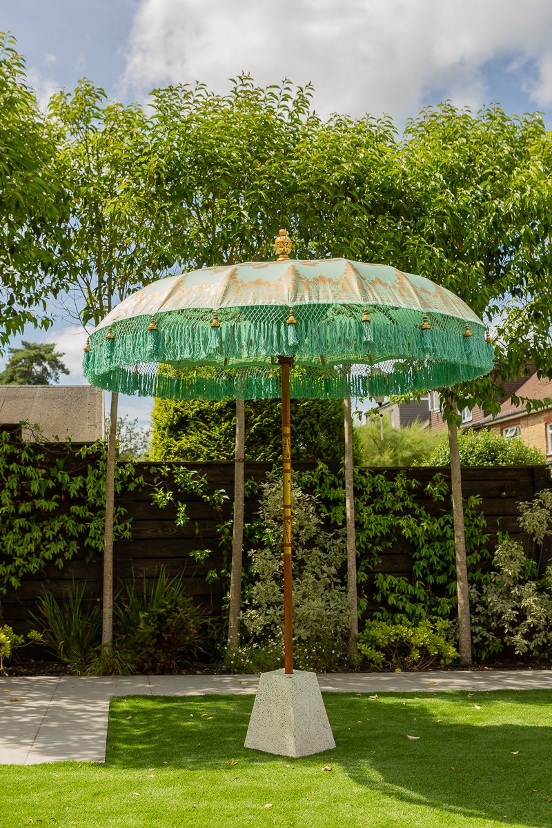 Hand Painted Mint Green Balinese Fringed Luxe Garden Parasol