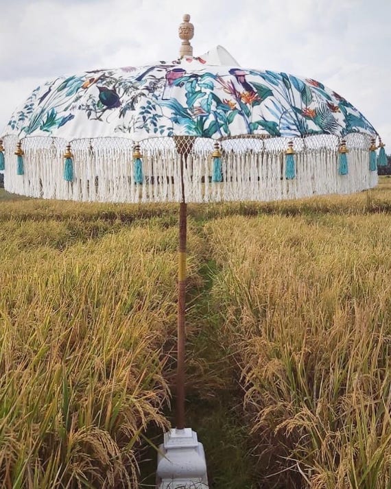 Paradise printed handmade Balinese fringed luxe garden parasol mint green