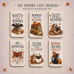 May include: A set of six rectangular magnetic bookmarks featuring autumn-themed illustrations and text. Designs include a bat on books, a pumpkin on books, a skeleton reading, a ghost reading, a ghost with a blanket, and a black cat with a witch hat.
