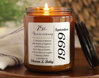 May include: A brown glass candle with a white label that reads "25th. Anniversary September 1999" and lists the number of decades, months, weeks, days, hours, and children that have passed since the anniversary date. The label also includes the names "Steven & Betty".