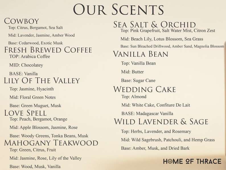 K&ouml;nnte beinhalten: Eine Liste von Duftkerzen mit Namen wie Cowboy, Frisch gebr&uuml;hter Kaffee, Maigl&ouml;ckchen, Liebeszauber, Mahagoni-Teakholz, Meersalz & Orchidee, Vanilleschote, Hochzeitstorte und Wilde Lavendel & Salbei. Der Text "Home of Thrace" befindet sich am unteren Rand des Bildes.