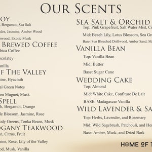 May include: A beige-colored product information sheet with the title "OUR SCENTS" at the top. The sheet lists various fragrance descriptions, including "Cowboy," "Fresh Brewed Coffee," and "Sea Salt & Orchid." The bottom right corner displays "HOME OF THRACE."
