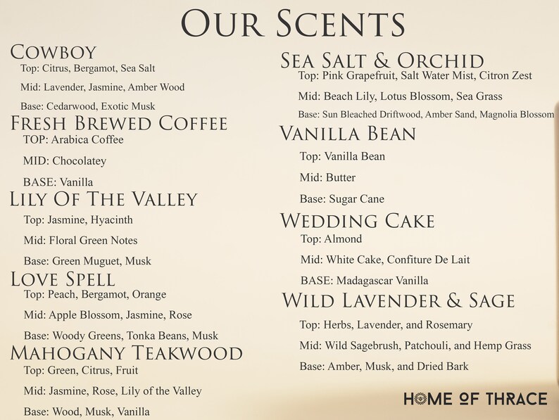May include: A beige-colored product information sheet with the title "OUR SCENTS" at the top. The sheet lists various fragrance descriptions, including "Cowboy," "Fresh Brewed Coffee," and "Sea Salt & Orchid." The bottom right corner displays "HOME OF THRACE."