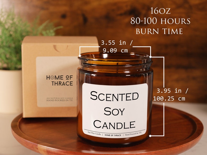 May include: A brown glass candle jar with a white label that reads "Scented Soy Candle" and "Home of Thrace". The candle is 10cm tall and 9cm wide. The candle is packaged in a brown box with a window that shows the candle.