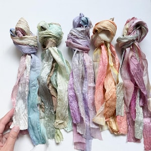 MIXED silk pack | Recycled SARI and Chiffon silk ribbon | 5 colour way | hand dyed ribbon | craft ribbon | embellishment |