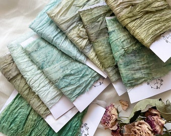 SARI Silk Ribbon | recycled Hand painted | hand dyed silk | GREENS | watercolour effect | gift wrapping ribbon | floristry ribbon