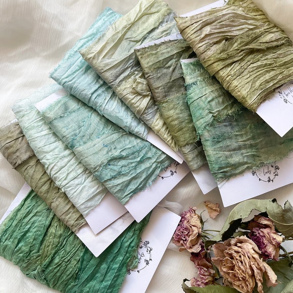 SARI Silk Ribbon | recycled Hand painted | hand dyed silk | GREENS | watercolour effect | gift wrapping ribbon | floristry ribbon