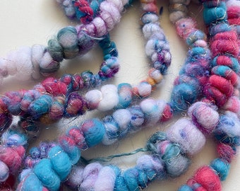 GLITZ | Handspun art yarn | textured craft yarn | weaving fibres | bobble coiled yarn | pink blue sparkly yarn