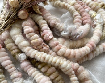 EDEN | | Handspun art yarn | textured craft yarn | weaving fibres | bobble coiled yarn | luxury green grey pink yarn
