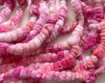 HEARTS | Handspun art yarn | textured craft yarn | weaving fibres | bobble coiled yarn | pink yarn