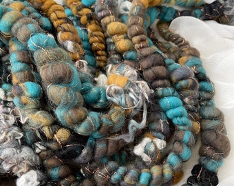POCAHONTAS | Handspun art yarn | textured craft yarn | weaving fibres | bobble coiled yarn | luxury teal brown black yarn