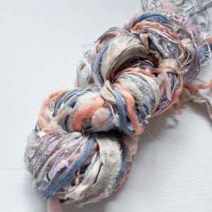 May include: A skein of yarn made from a blend of silk, cotton, and rayon fibres. The yarn is a mix of light blue, peach, cream, and silver colours. The yarn is loosely wound and has a soft, textured look.