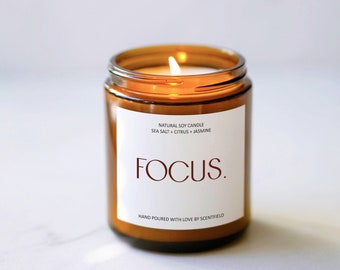 Focus Soy Candle: Sea Salt, Citrus & Jasmine Scent, Aromatherapy Self Love Gift