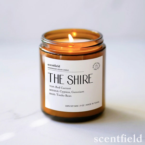 THE SHIRE Candle gift for her him, Hobbit LOTR Gift for bookworm, book lover, Cypress + Red Currant  + Geranium scented candle