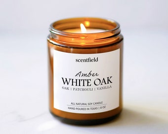 White Oak & Amber Soy Candle: Oak, Patchouli, Vanilla Scent