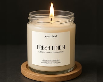 Fresh Linen Soy Candle, Linden + Cotton Blossom + Linen Scented Candles