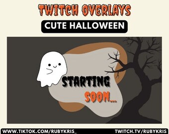 Op de afbeelding: Een Halloween-Twitch-overlay met een schattig spookje en een griezelige boom. De tekst "Starting Soon..." wordt in oranje weergegeven op een bruine en witte achtergrond.